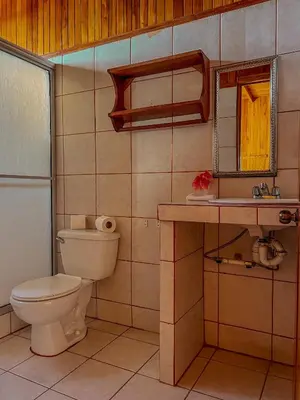 a bathroom with a toilet and a sink at Hotel El Atardecer in Monteverde Costa Rica