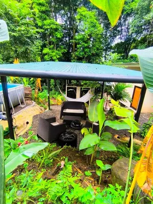 a patio with a table and a chair and an umbrella at Monstera Forest Lodge in Fortuna
