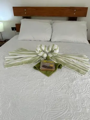 a bow on a bed with a box on it at Bungalows Chachagüita in Chachagua