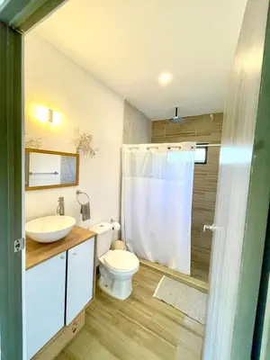 a bathroom with a toilet and a sink and a shower at Jaco Roca Bruja in Jacó