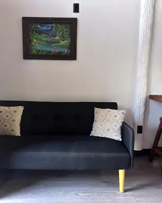 a black couch in a room with a painting on the wall at Cozy Studio with private tropical forest in Tanque