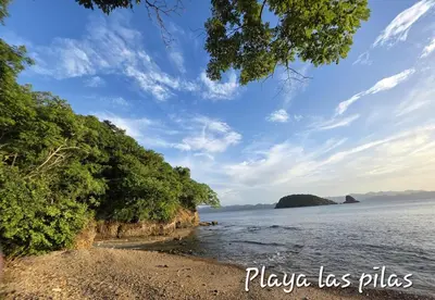 a view of a beach with trees and the ocean at Casa las Nubes 5 minutes from the beach in La Cruz
