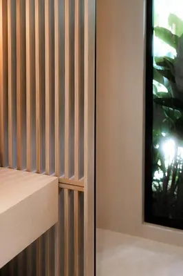 a room with a wooden wall with a window at GoldCoast Villa Santa Teresa in Santa Teresa Beach