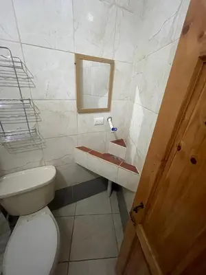 a bathroom with a toilet and a sink and a mirror at Apartamento Melida 3 in Quepos