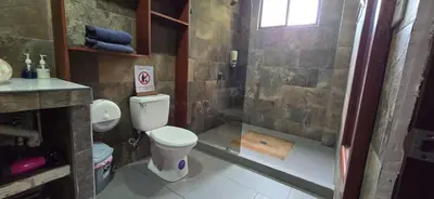 a small bathroom with a toilet and a shower at Hospedaje Casa Blanca Tortuguero Carey in Tortuguero