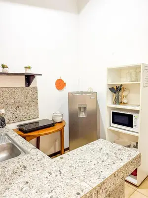 a kitchen with a sink and a refrigerator at Selva Partners Tamarindo in Matapalo