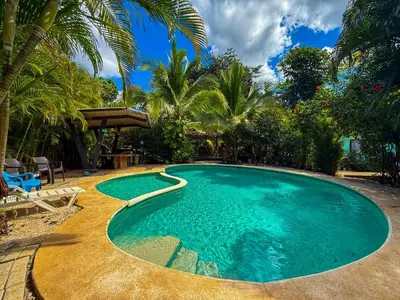 a swimming pool in a yard with palm trees at Selva Partners Tamarindo in Matapalo