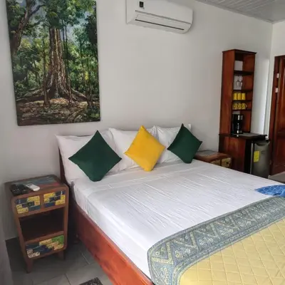 a bedroom with a bed with yellow and green pillows at Hospedaje Casa Blanca Tortuguero in Tortuguero