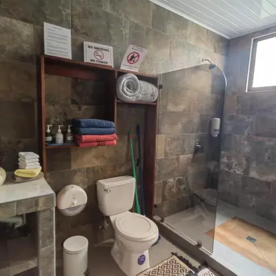 a bathroom with a toilet and a shower at Hospedaje Casa Blanca Tortuguero in Tortuguero