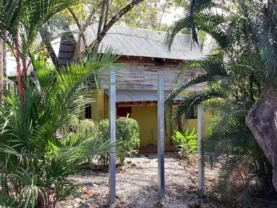 a yellow house with palm trees in front of it at House on the Hill in Montezuma