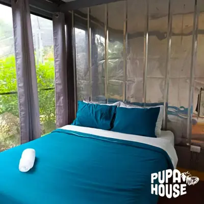 a bedroom with a blue bed and a window at Pupa House Hotel in Tamarindo
