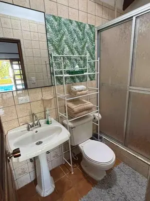 a bathroom with a toilet and a sink and a shower at Caribbean View in Puerto Limón