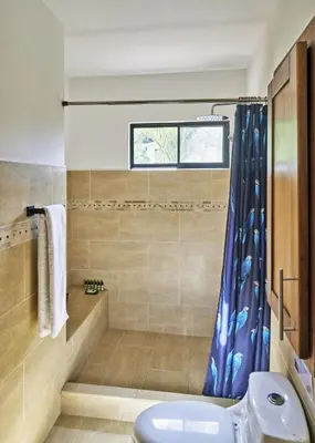a bathroom with a shower and a toilet and a sink at Villa Louise 4BR Modern Villa - Few Steps from the Beach in Santa Teresa Beach
