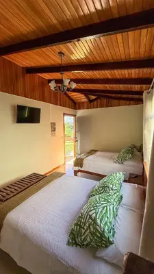 two beds in a room with wooden ceilings at Brumas de Valverde in Monteverde Costa Rica