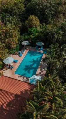 an overhead view of a swimming pool with umbrellas and chairs at Villa Del Sol Boutique Hotel in Coco