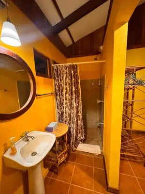 a bathroom with a sink and a shower at 2BR Toucans and Waterfalls- the garden cottage in Caña Blanca