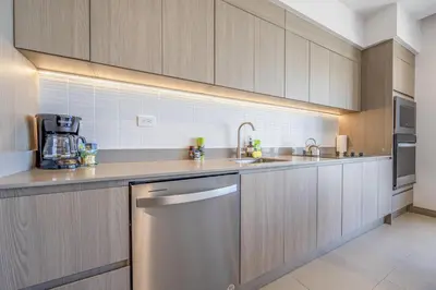 a kitchen with wooden cabinets and a stainless steel dishwasher at Vista Paz Condo, Ocean Views & Beach Club in Sardinal