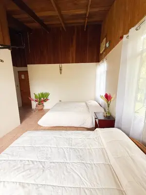 two beds in a bedroom with white sheets at Selva Partners La Fortuna in Guaria