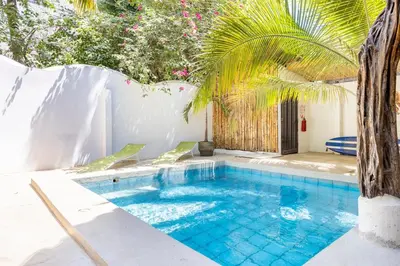 a swimming pool in a yard with a palm tree at La Buena vida Cabina 1 in Playa Grande