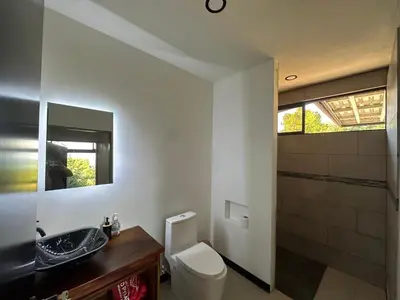 a bathroom with a toilet and a sink and a mirror at Bamboo grove villa in San Isidro