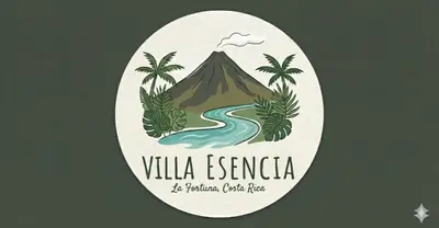 a sticker with a mountain and a river and palm trees at Villa Esencia La Fortuna in Fortuna