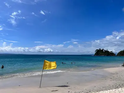 a yellow flag on a beach with people in the water at Hospedaje el Argentico in Tapantí