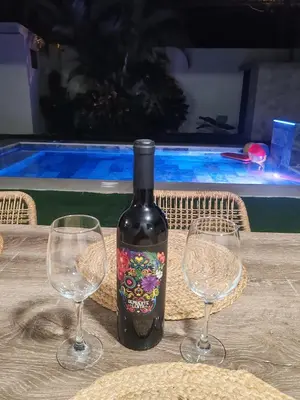 a bottle of wine sitting on a table with two wine glasses at Casa Tribu in Agujas