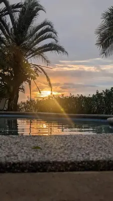 a sunset over a swimming pool with a palm tree at 3BR, Spectacular Jungle Villa w Waterfalls & Toucans in Barú