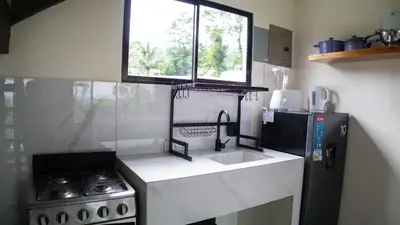 a kitchen with a sink and a stove and a window at Divan Jungle Lodge in Fortuna