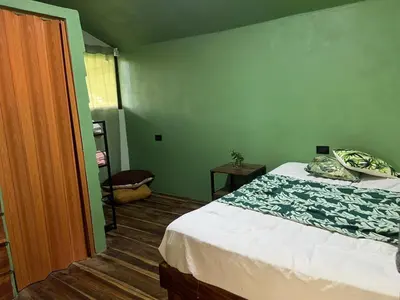 a bedroom with a bed and a green wall at Cabañita tipo Chalet in Fortuna