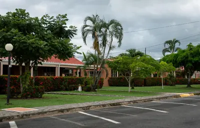 a street in front of a building with palm trees at Jacó Cozy 1BR Pool AC Secure Near Beach in Jacó