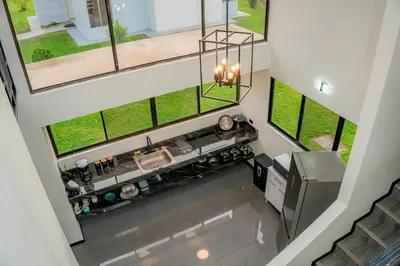 an overhead view of a living room with a large window at Villa Vet Stylish 3BR Home - New Build - Perfect for families in Fortuna