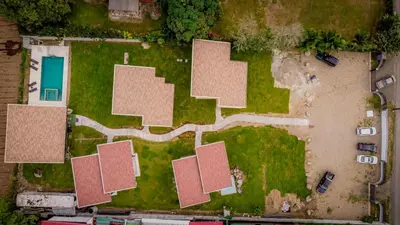an overhead view of roofs on a yard at Villa Vet Stylish 3BR Home - New Build - Perfect for families in Fortuna