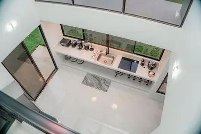 an overhead view of a kitchen in a house at Villa Sunset Relaxing 2BR Villa with Outdoor Hot Tub in Fortuna