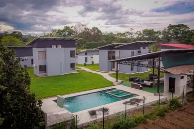 an aerial view of a house with a swimming pool at Villa Sundrop Villa for 8 with Volcano Views & Family Comfort in Fortuna
