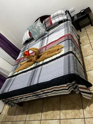 a bed with a striped comforter on top of it at Apartamento el Bosque in Nicoya