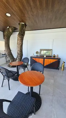 a room with two tables and chairs and a tree at Los Papyrus in Uvita