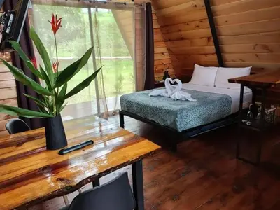 a bedroom with a bed and a plant and a table at Glamping Moku