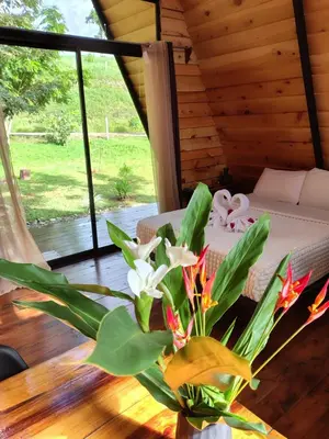 a room with a bed and a vase with flowers at Glamping Moku