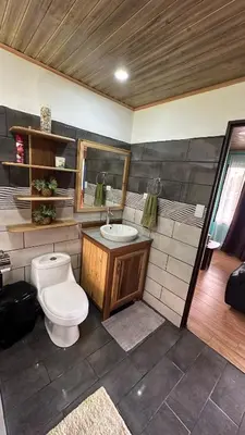 a bathroom with a toilet and a sink at Villa Solevila in Turrialba