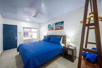 a bedroom with a blue bed and a ladder at Ozeano Hotel & Surf Bar in Jacó