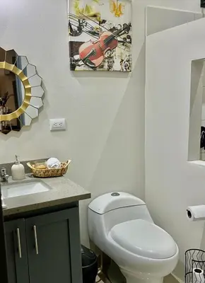 a bathroom with a white toilet and a sink at House equipped with a Jacuzzi in Quepos in Quepos