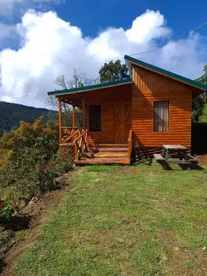 a log cabin with a picnic table in front of it at Cabaña Montaña Serena in El Copey