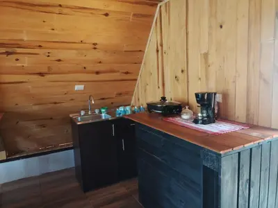 a kitchen with wooden walls and a counter with a sink at Mount & Wood in San Marcos