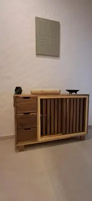 a cat sitting on top of a wooden dresser at Casa Abana in Sámara