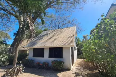 a small white house with a palm tree at Cozy Jungle Loft Close to Tamarindo and Surf Beaches in Santa Rosa