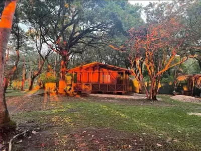 an orange building in the middle of a field with trees at Cabaña Cóncavas in Marbella