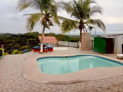 a swimming pool with a palm tree and a table at Casa para vacacionar Orotina in Orotina