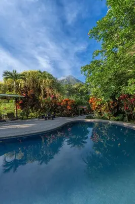 a swimming pool with trees and a mountain in the background at Hotel Hot Springs Sueno Dorado in Fortuna