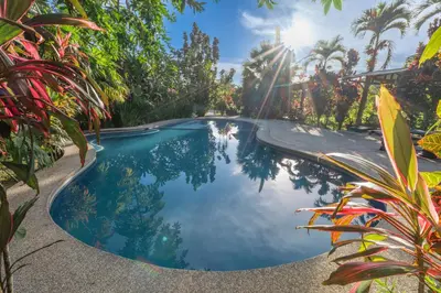 a swimming pool in a garden with palm trees at Hotel Hot Springs Sueno Dorado in Fortuna